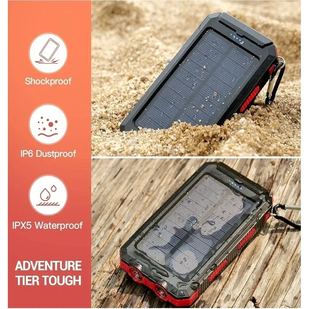 Power Bank 20000mAh Solar Portable Charger Backup Battery Dual LED IPX4 Shockpro